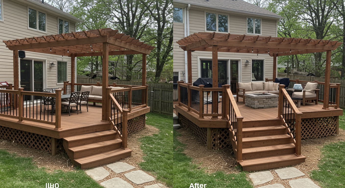 A side-by-side comparison of a backyard before and after a deck installation in Lancaster, PA. The 'after' image features a stunning custom deck with a pergola, outdoor seating, and a fire pit.