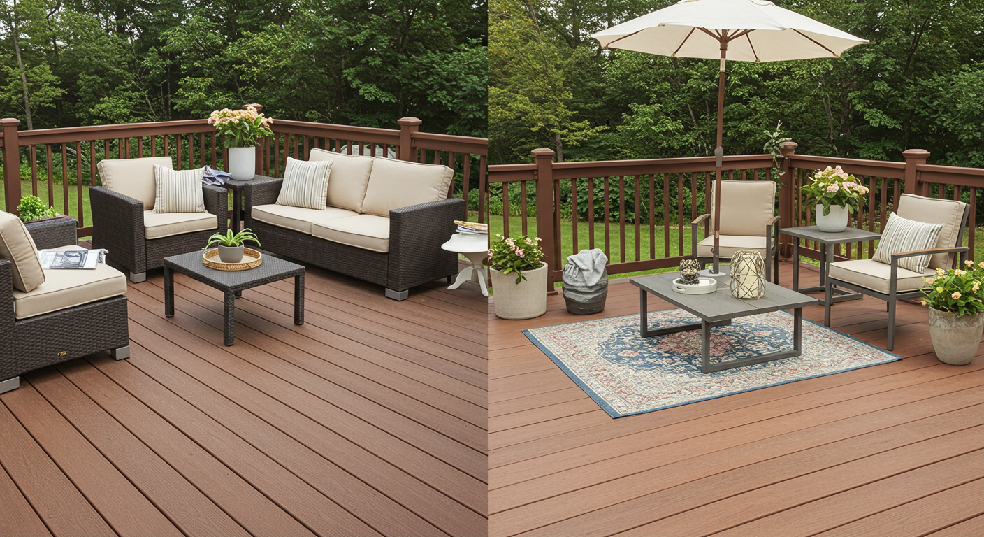A side-by-side comparison of two decks: one made of composite materials and the other of natural wood. Each deck is styled with furniture and decor to highlight the differences in texture, color, and style.