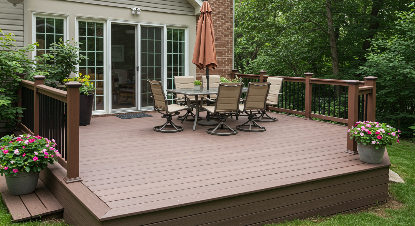 A beautifully designed custom deck in a residential backyard in Harrisburg, PA. The deck features composite wood material with a modern finish, surrounded by lush greenery. Outdoor furniture, including a table and chairs, is set up for a cozy family gathering.