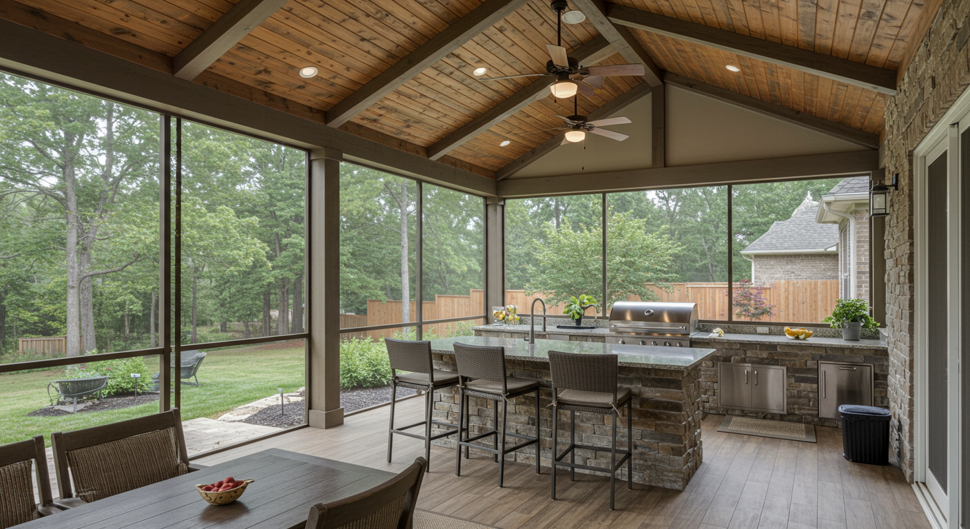 A spacious, custom-designed screened-in porch that includes an outdoor kitchen with a grill, countertop, and bar stools. The porch has a high ceiling with wooden beams, a ceiling fan, and a dining area. The background shows a landscaped garden, highlighting the luxury and functionality of the space.