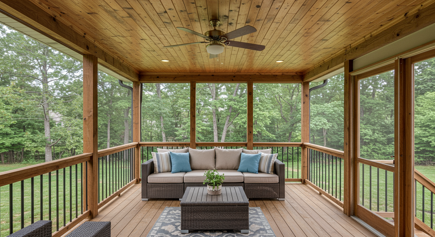 A beautifully designed screened-in porch attached to a modern York, PA home. The porch features wooden beams, a cozy seating area with plush cushions, and a ceiling fan. The background showcases a lush green yard with trees, emphasizing the seamless blend of indoor and outdoor living.