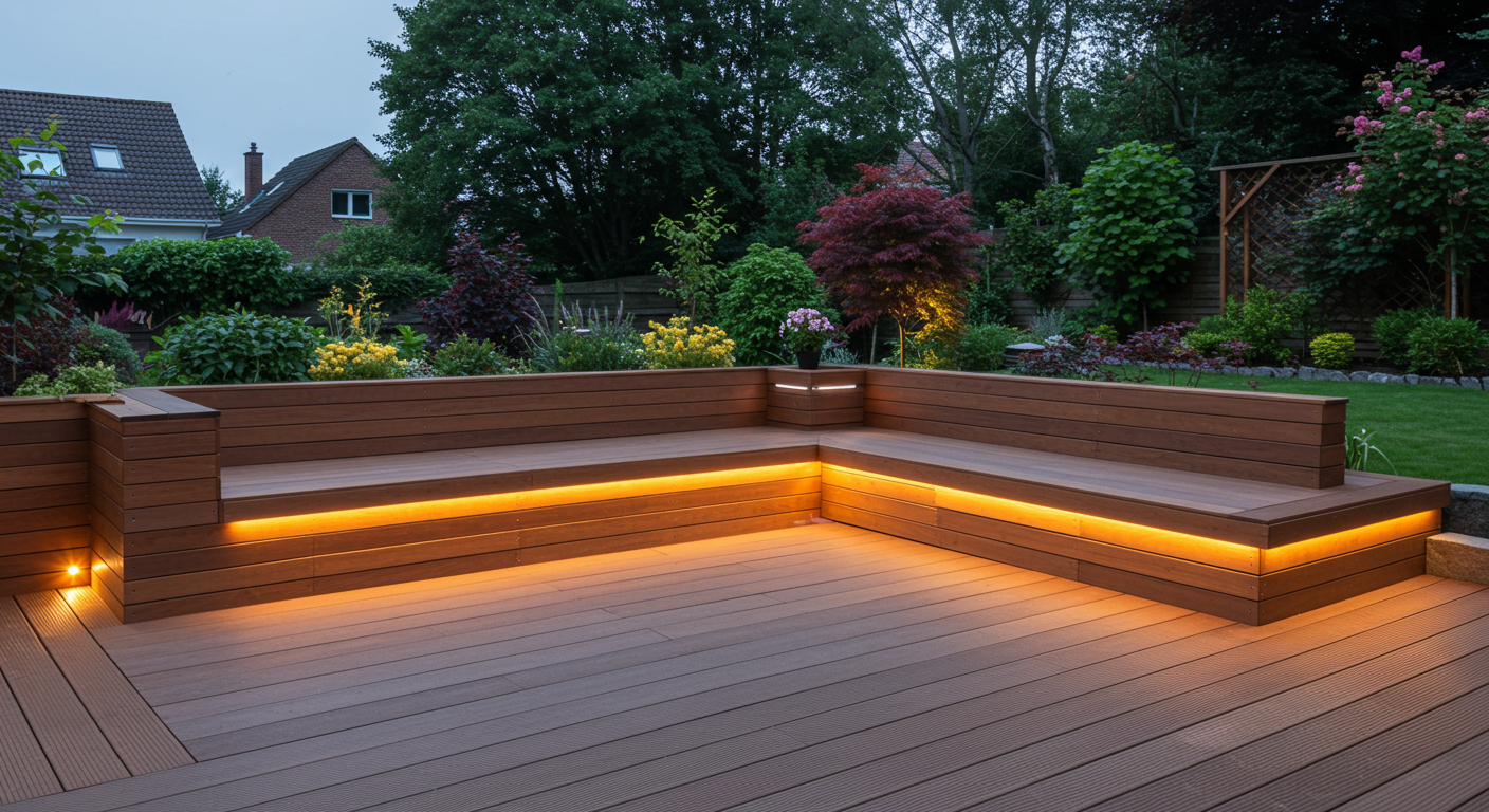 A custom deck design with built-in wooden seating along the edges, integrated LED lighting for evening ambiance, and a view of a backyard with a landscaped garden. The deck is made of composite material in a natural wood tone.