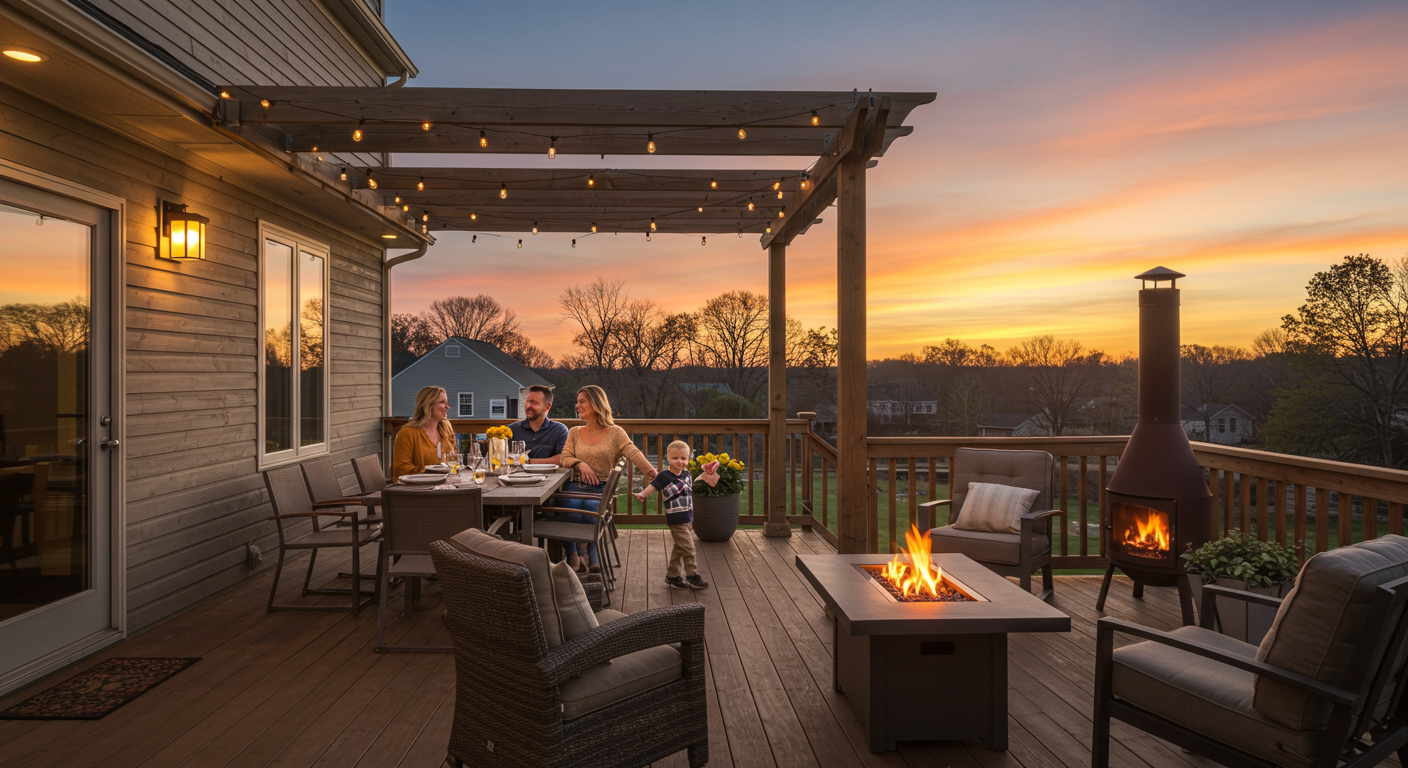 A family of four enjoying their outdoor deck in York, PA. The deck features a dining area with a table set for a meal, a pergola for shade, and a fire pit in the corner. The scene is warm and inviting, with soft lighting and a sunset in the background.