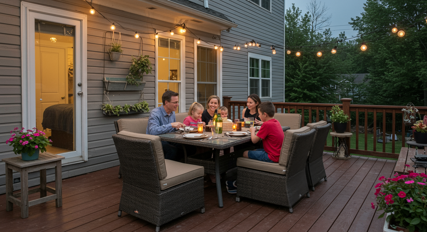A beautifully finished wooden deck in a York, PA backyard, featuring modern furniture, potted plants, and a grill. The deck overlooks a scenic garden.