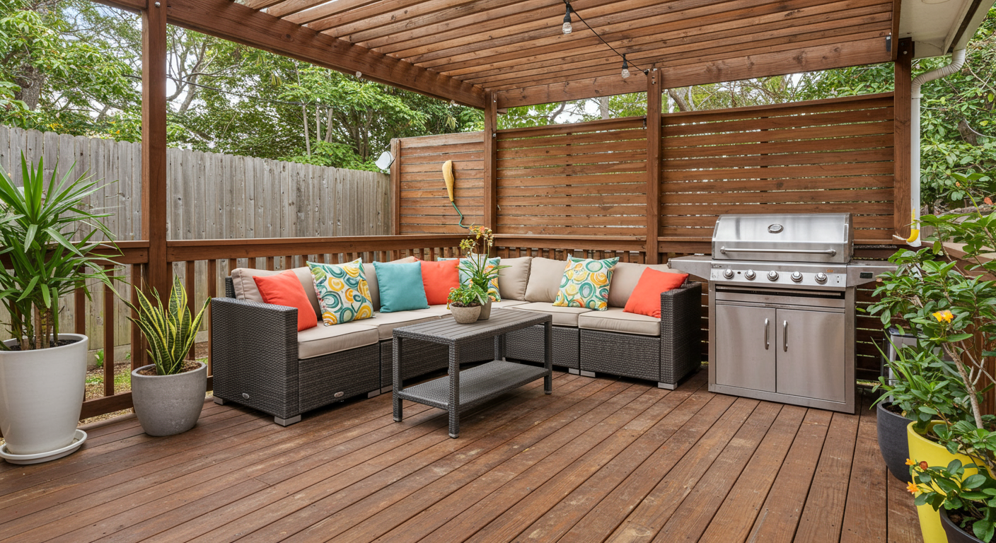 A spacious deck designed for family activities, featuring a play area for kids, a barbecue grill station, and a sectional sofa with colorful cushions. The deck is surrounded by potted plants and a wooden privacy screen.