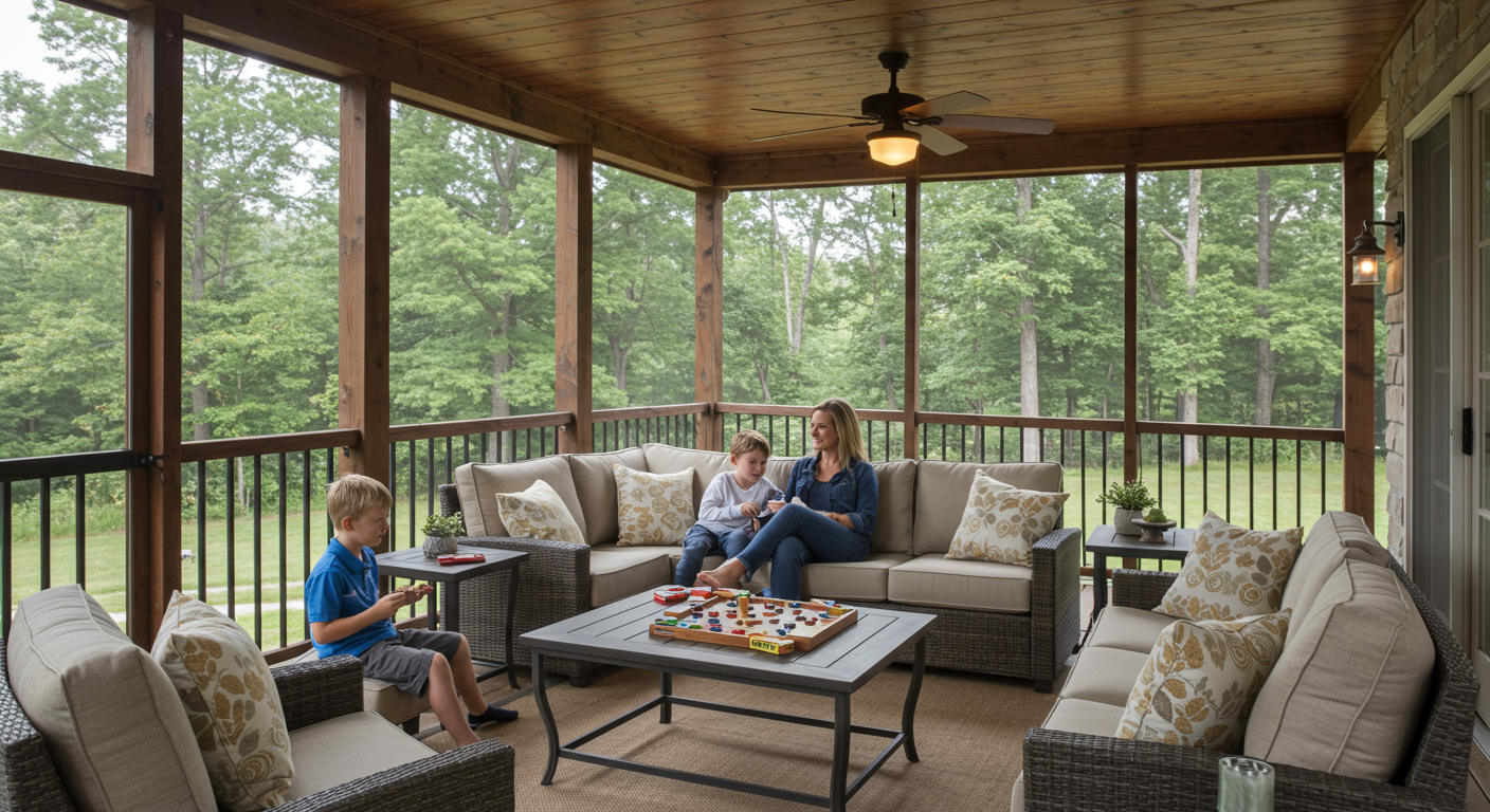 A cozy screened-in porch in a residential backyard in Lancaster, PA, featuring comfortable outdoor furniture, string lights, and potted plants. The porch overlooks a lush green lawn and has a warm, inviting ambiance perfect for family gatherings.