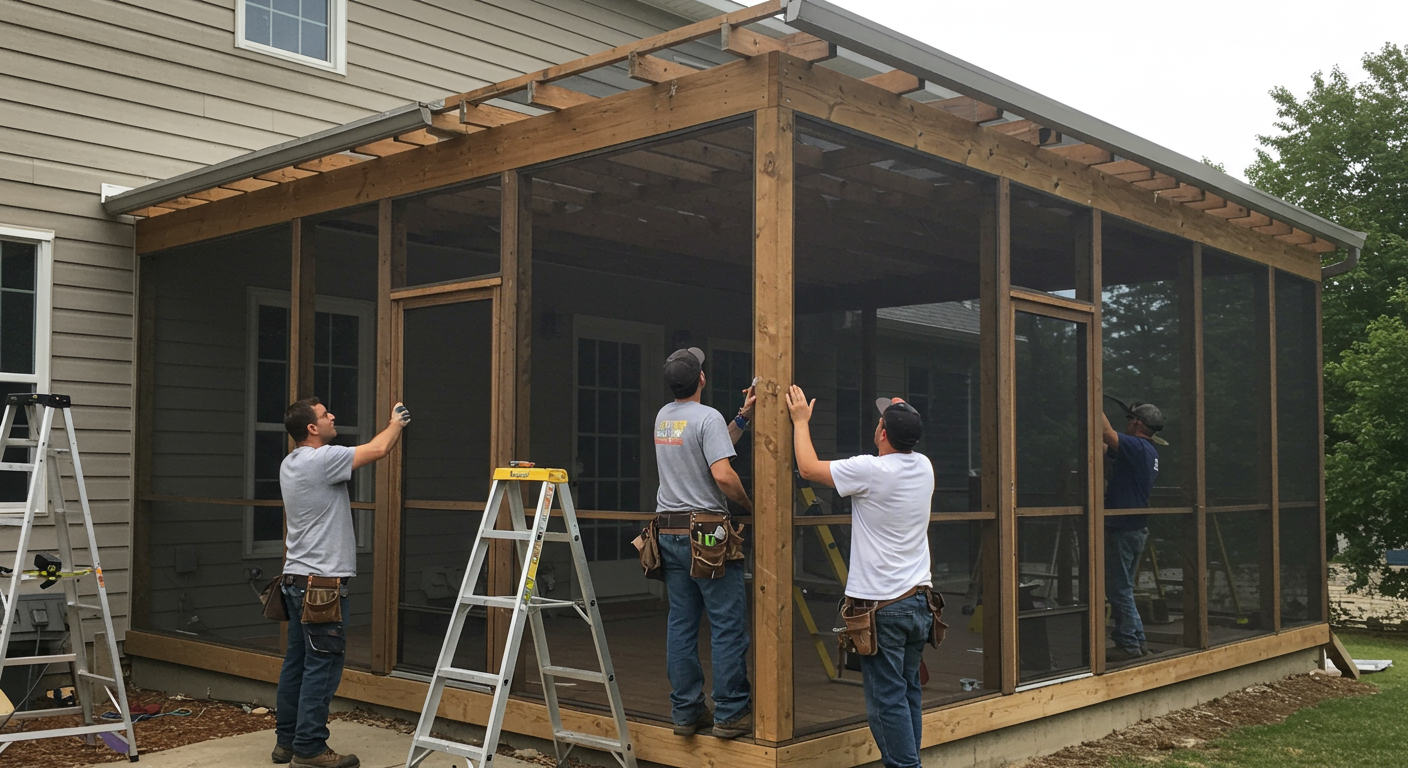 A dynamic image showing a professional team installing a screened-in porch. The image captures key steps like framing, screen installation, and final touches, emphasizing expertise and precision.