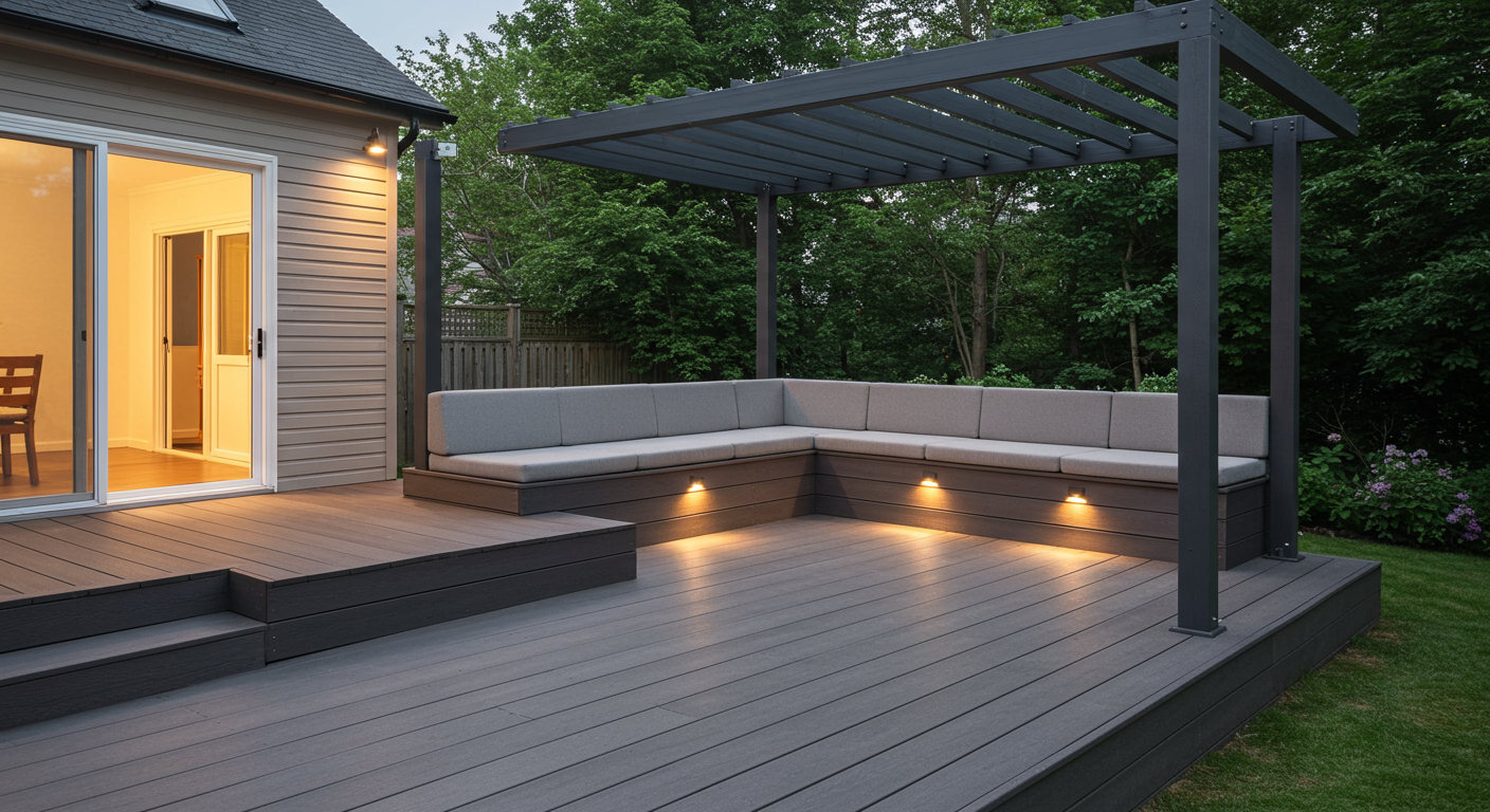A sleek, modern composite deck featuring built-in seating, ambient deck lighting, and a pergola. The deck overlooks a lush green backyard, showcasing a seamless blend of functionality and aesthetics.