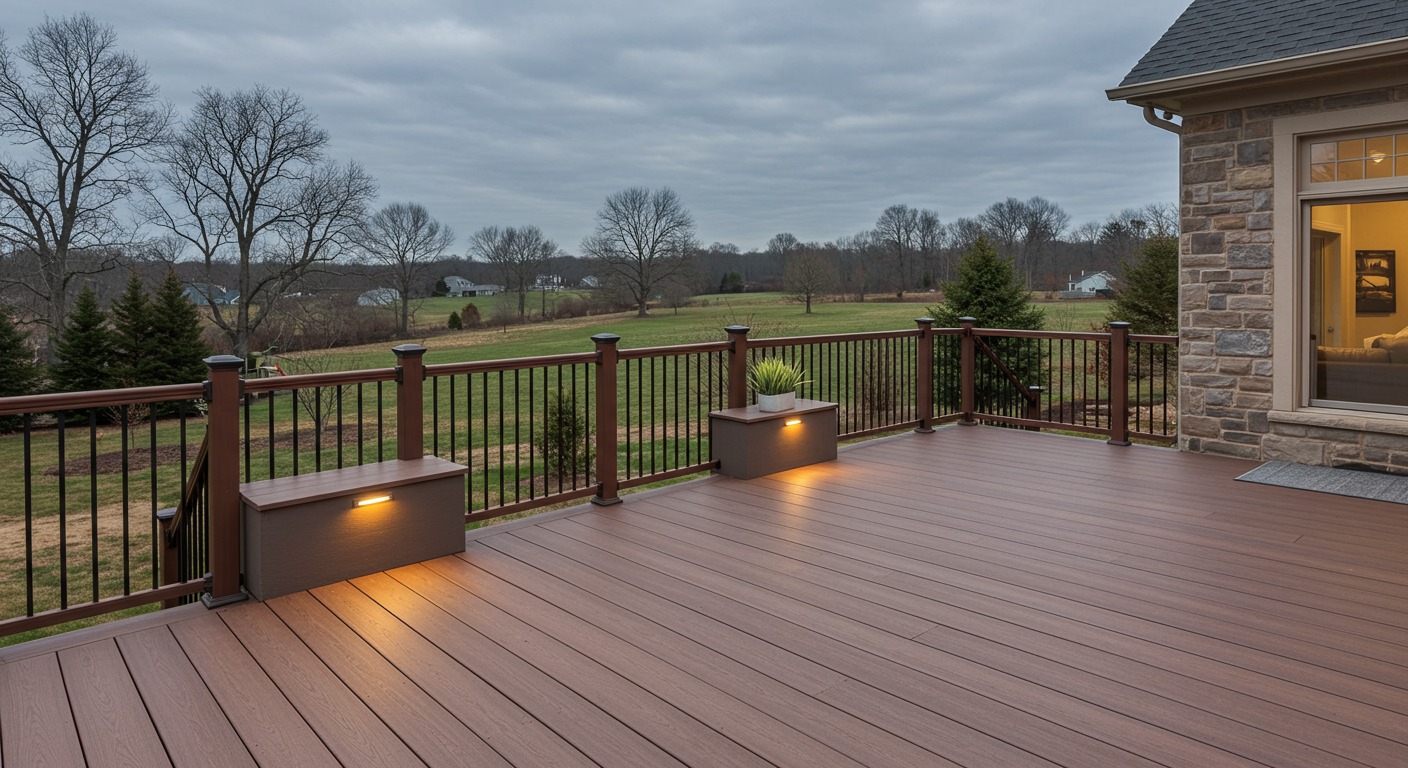 A modern composite deck with sleek railings and built-in lighting, overlooking a scenic view of York, PA's rolling hills. The deck includes a cozy seating area with a fire pit and minimalistic decor.