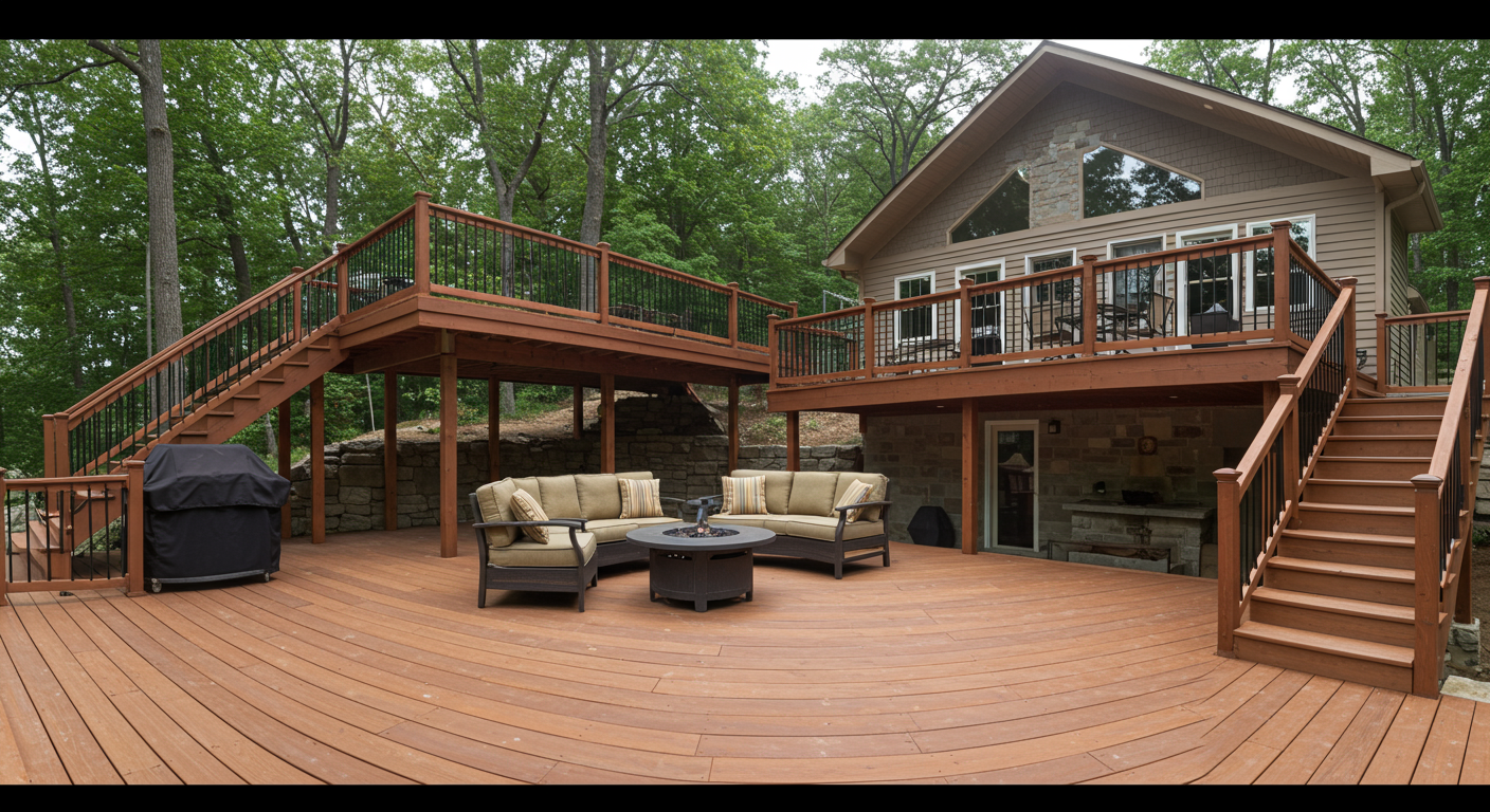 A panoramic view of a completed multi-level deck in Lancaster, PA. The deck features a combination of open and covered areas, a fire pit, and a seating area with outdoor cushions. The image captures the craftsmanship and functionality of the design.