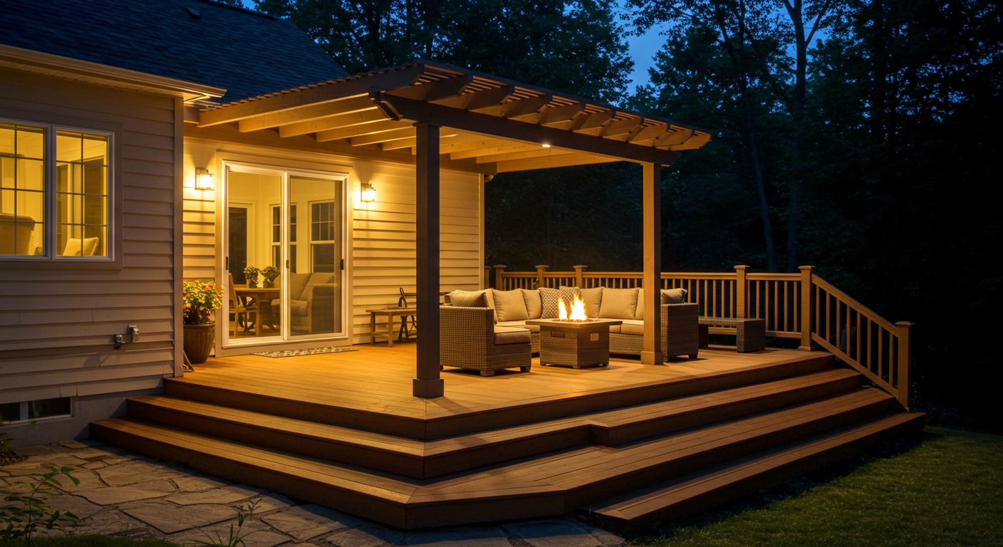 A nighttime view of a custom-built deck with ambient lighting, showcasing a pergola, a firepit, and a cozy seating area. The warm lighting creates a welcoming and luxurious ambiance.