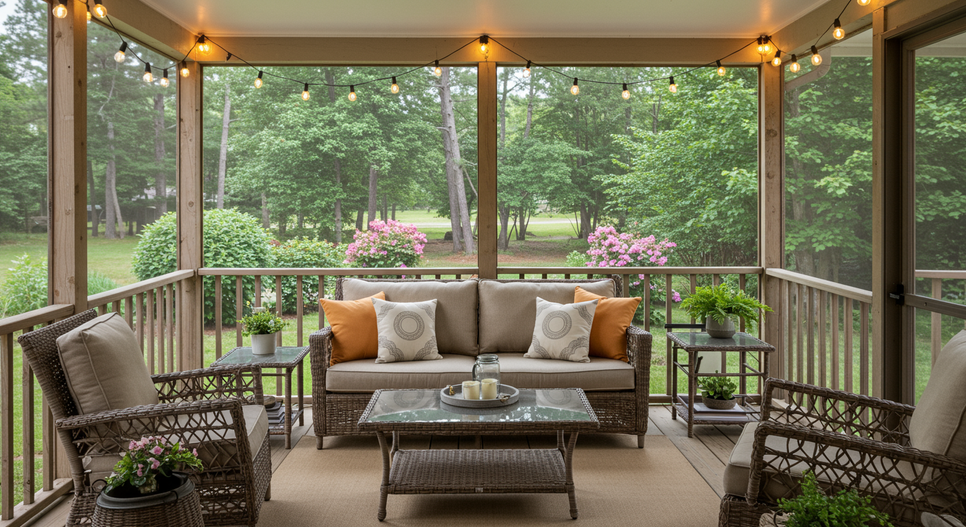 A screened-in porch with elegant wicker furniture, soft throw pillows, and a small coffee table. Warm string lights hang around the porch, creating a cozy and inviting atmosphere. The background shows a peaceful garden with trees and flowers.