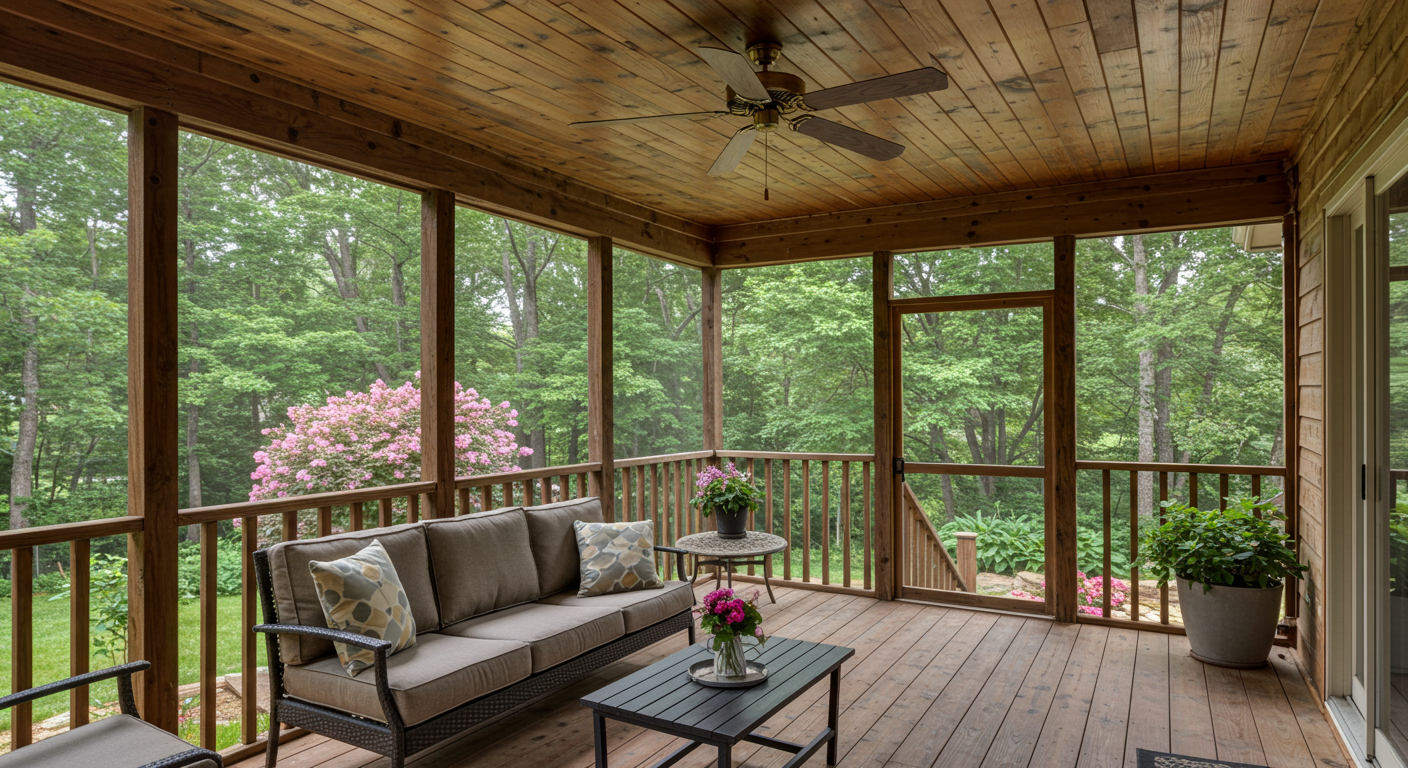 A cozy screened porch overlooking a lush backyard in York, PA. The porch features a wooden frame with large screens, a ceiling fan, and comfortable seating. The setting is serene, with trees and flowers in the background, creating a relaxing outdoor space.