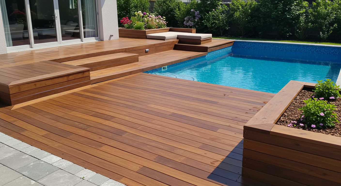 A luxurious pool deck with waterproofing features, showcasing a smooth, slip-resistant surface surrounding a sparkling blue pool. The deck includes built-in seating and planters.