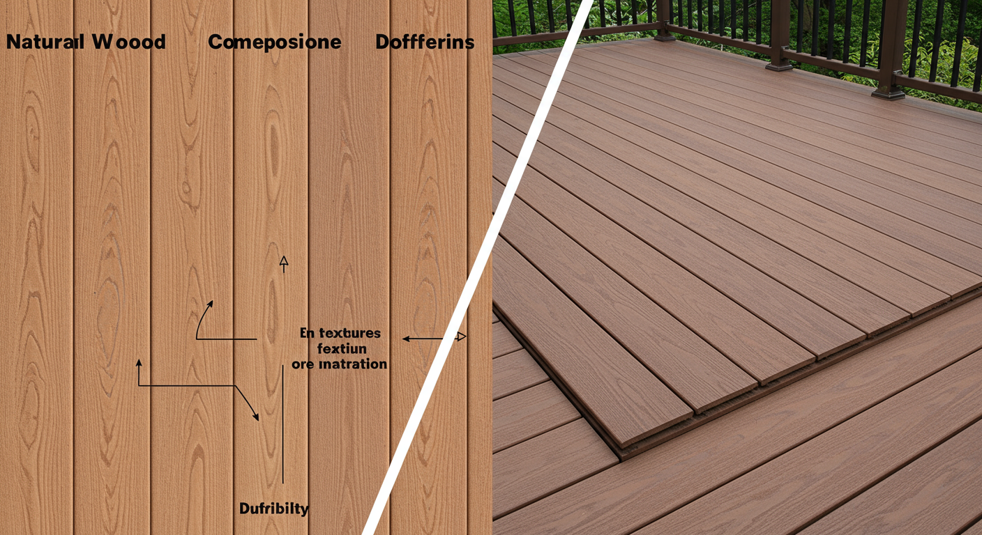 A split-view image showcasing a side-by-side comparison of wood and composite decking materials.