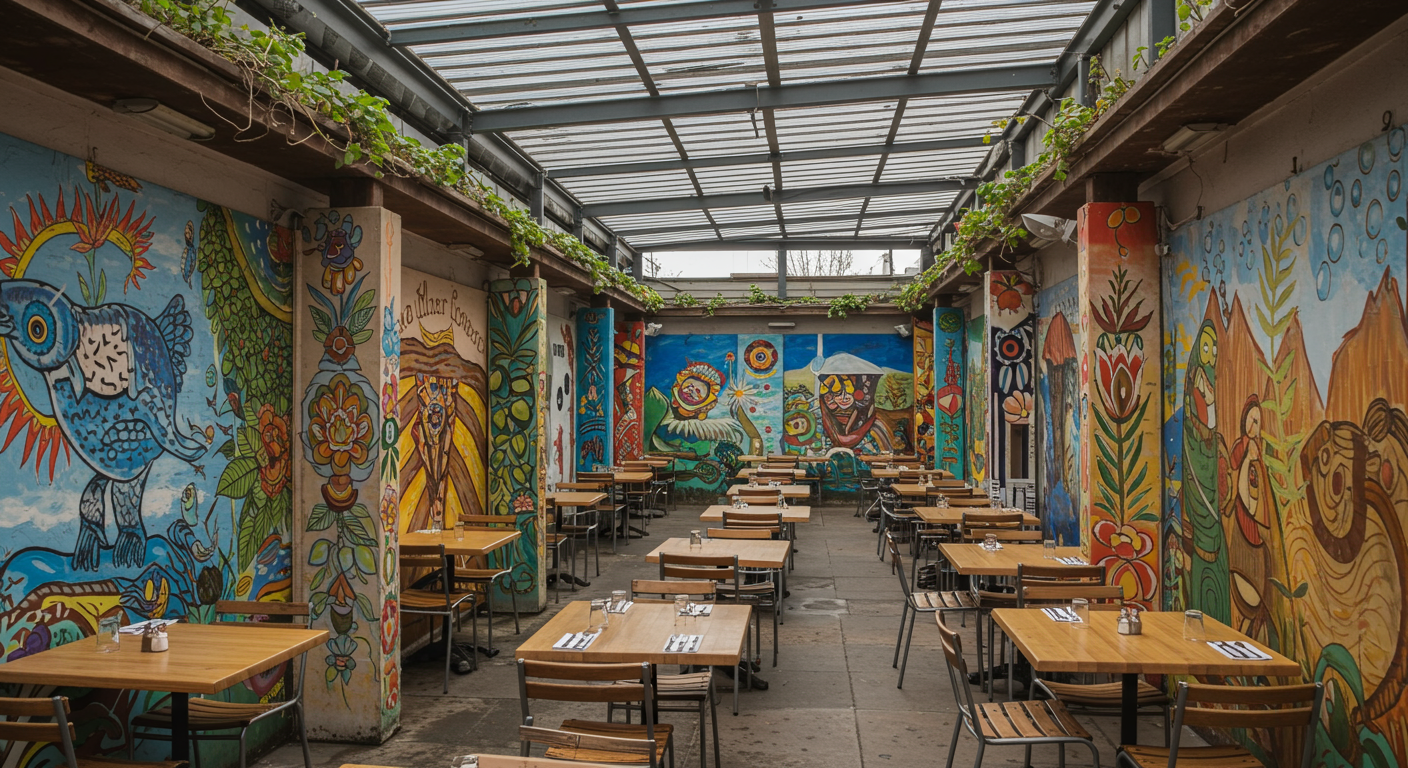 A closed-in patio showcasing artistic barriers adorned with murals or local artwork. Diners are seated at tables, enjoying the unique ambiance created by the artistic elements.