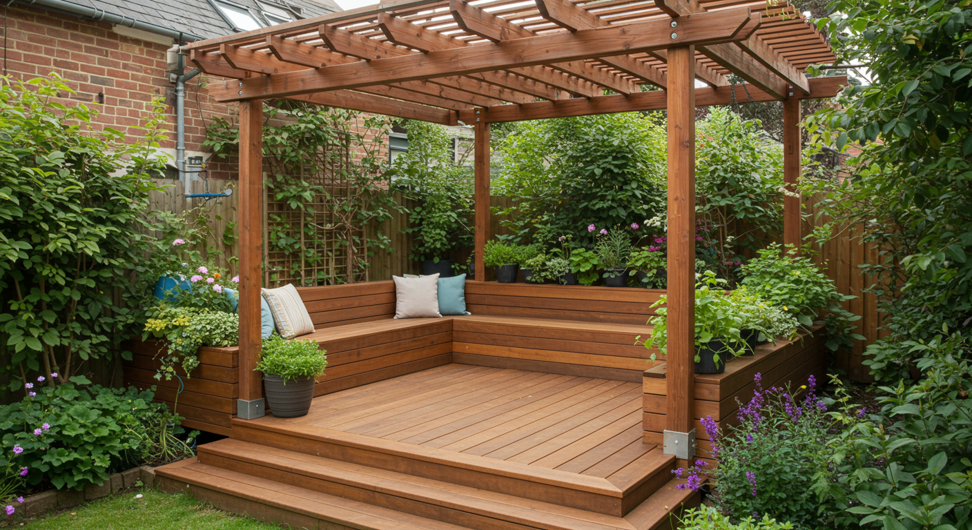 A charming wooden deck with a pergola, surrounded by vibrant landscaping. The deck features a built-in bench and a small herb garden, emphasizing outdoor living and connection to nature.