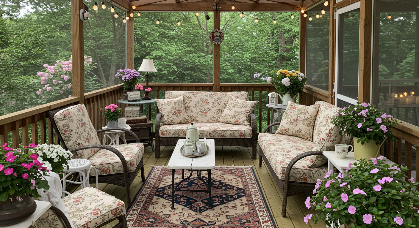 A charming screened-in deck with vintage furniture, patterned textiles, and decorative elements like a vintage rug and fairy lights. The setting is cozy and inviting, surrounded by blooming flowers and greenery typical of York, PA.