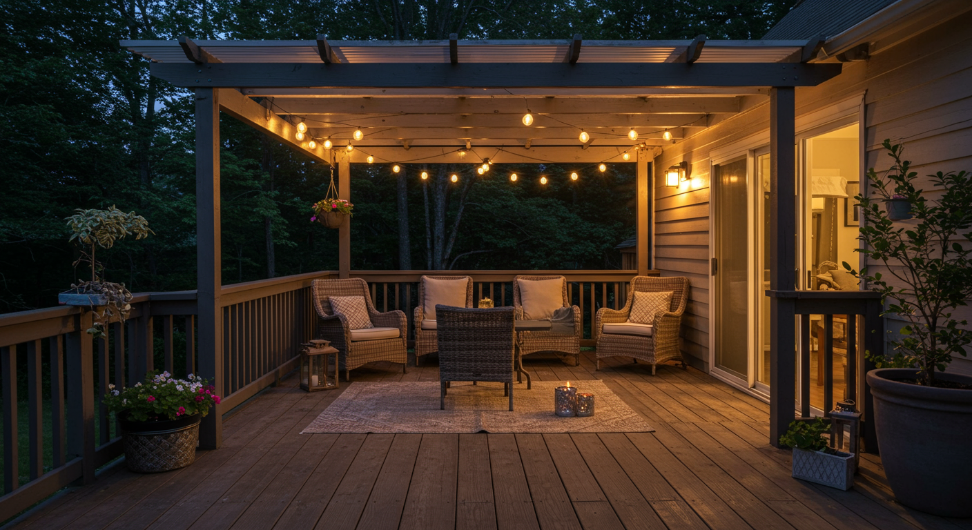 A serene evening scene of a deck with a pergola, illuminated by soft outdoor lighting. The ambiance is cozy, with decorative elements like potted plants and outdoor cushions, inviting viewers to envision relaxing evenings spent in this outdoor space.
