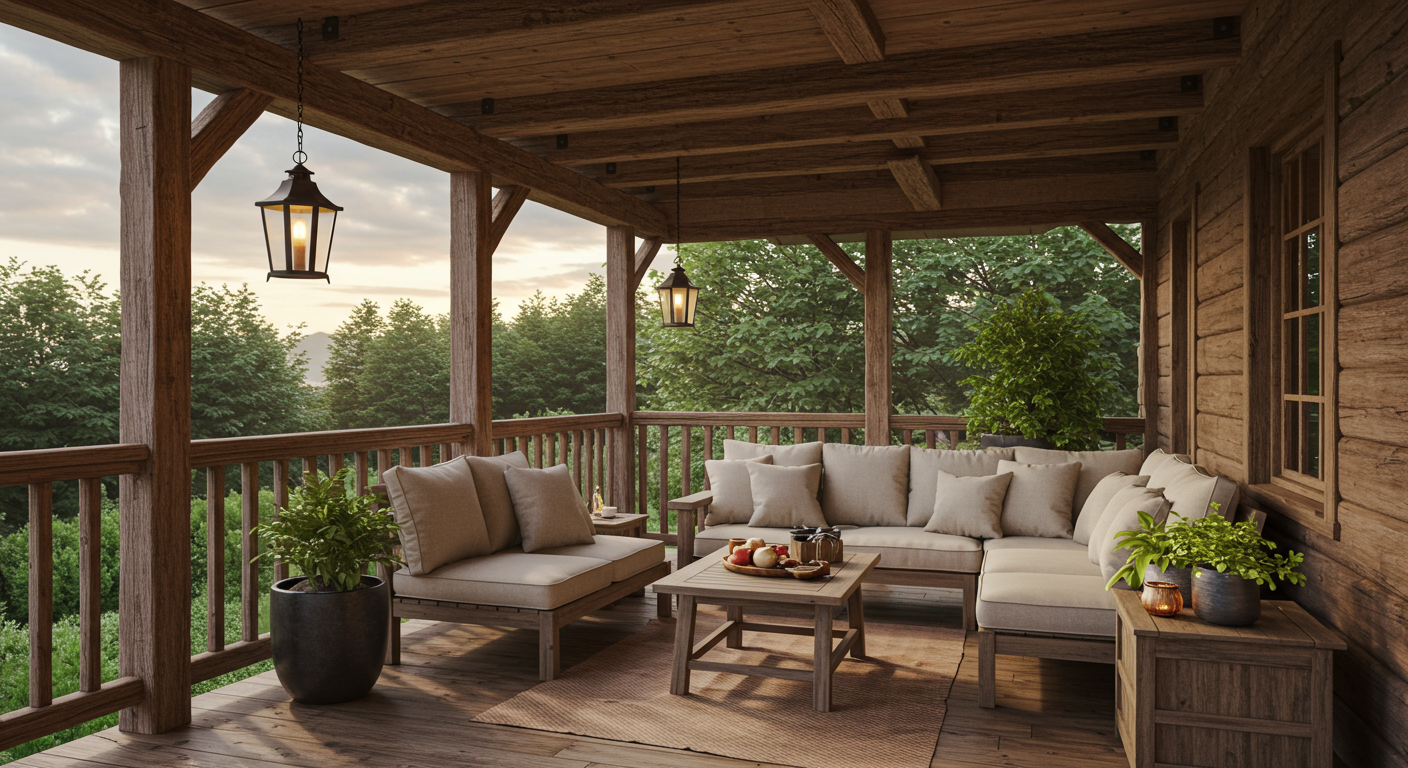 A cozy wood covered porch featuring rustic wooden beams and a comfortable seating area with plush cushions. Potted plants and hanging lanterns add a warm touch to the space.