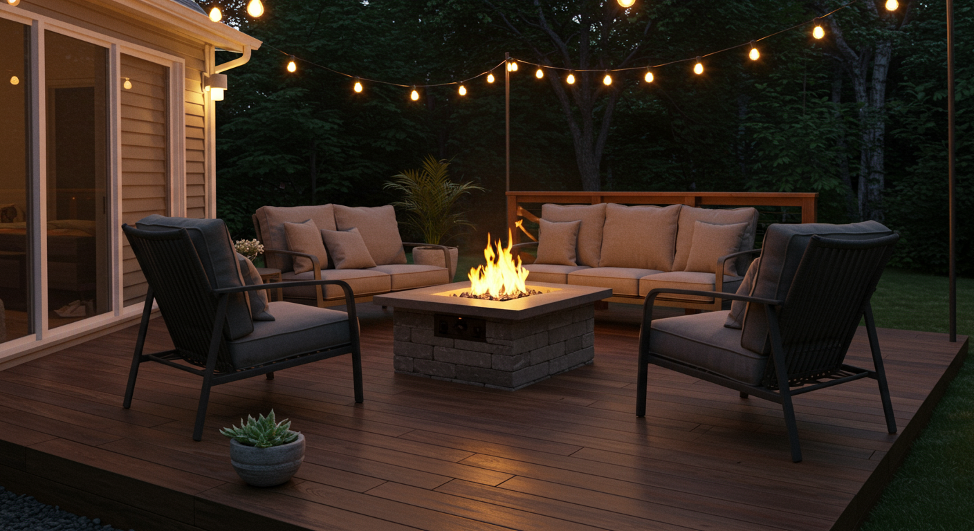 A serene backyard space featuring a modern deck with a firepit at the center. Surrounding the firepit are comfortable lounge chairs, and the background includes twinkling string lights overhead, creating a warm and inviting ambiance for evening gatherings.