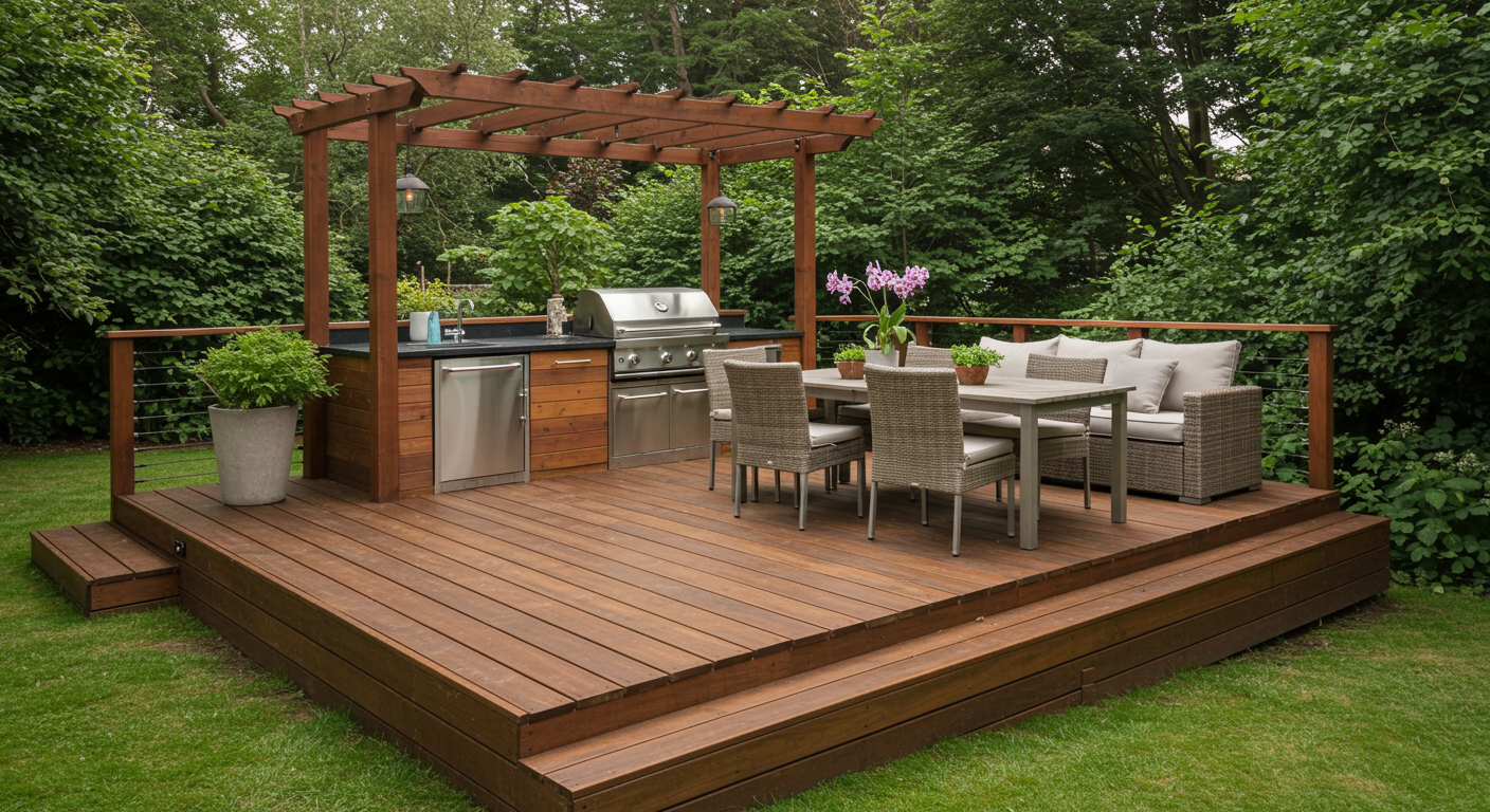 A beautifully designed custom wooden deck featuring an outdoor kitchen with a grill, surrounded by lush greenery. The setting includes a stylish dining area with elegant outdoor furniture, perfect for entertaining guests.