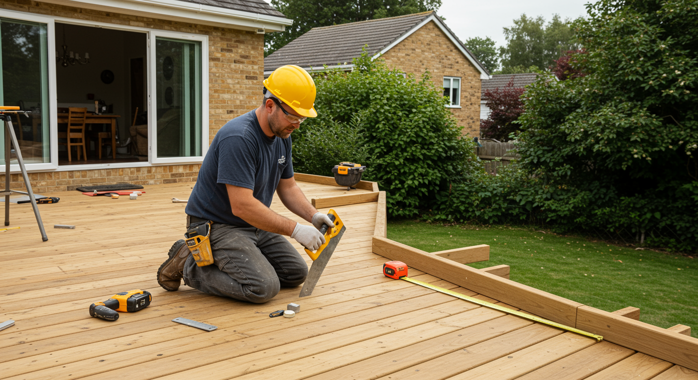 A professional deck builder is seen working on a wooden deck, using tools like a saw and measuring tape. The background features a suburban home with lush greenery, showcasing an inviting outdoor space.
