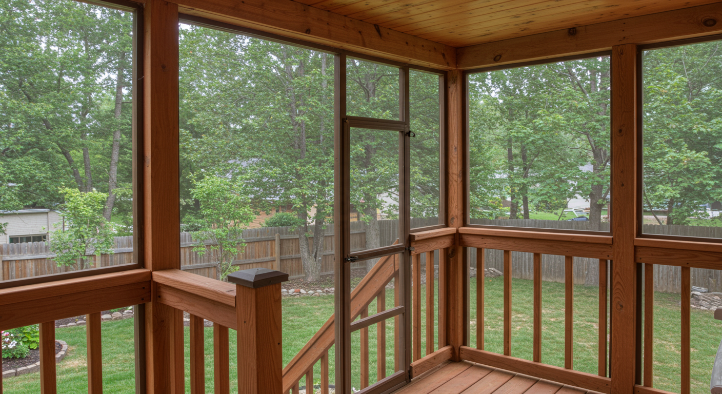A close-up of the intricate design features of a screened-in deck, showcasing quality materials like wooden railings and stylish screens. The background features a well-maintained garden.