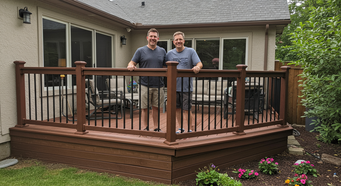 A delighted couple standing proudly on their newly constructed deck, smiling and admiring their outdoor space. The deck features modern design elements and is surrounded by vibrant landscaping.