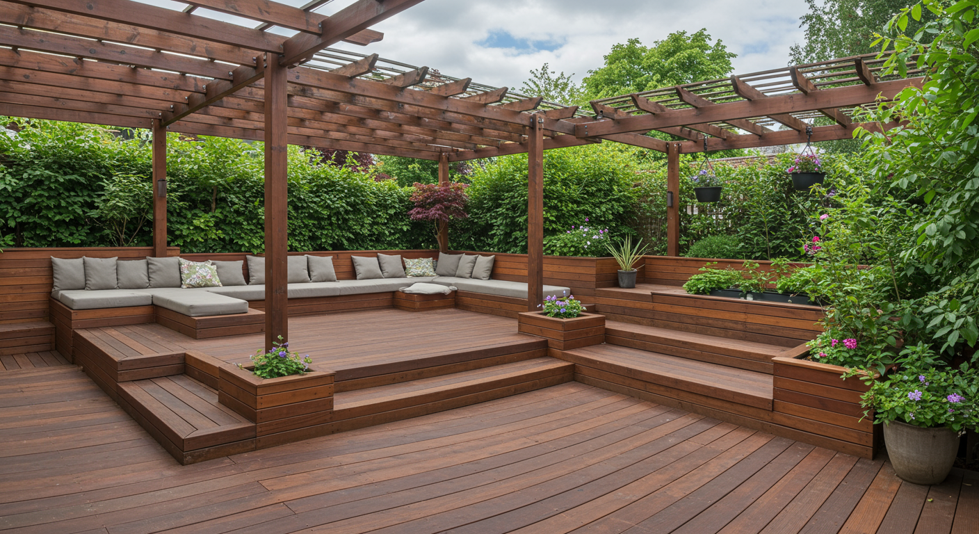 A panoramic view of a multi-level deck that incorporates various design elements such as built-in seating, planters, and a pergola. The deck is surrounded by greenery, illustrating a perfect blend of nature and design.