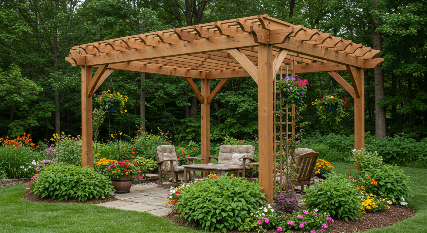 A beautifully designed wooden pergola in a lush backyard setting, surrounded by vibrant flowers and greenery, showcasing the rustic charm typical of Lancaster, PA.
