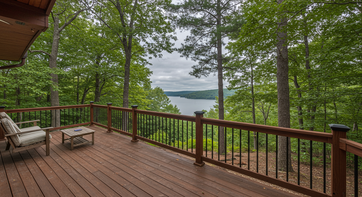 A picturesque deck overlooking a serene landscape, such as a forest or lake. The deck features stylish railings and outdoor seating, inviting viewers to imagine relaxing in this tranquil setting.
