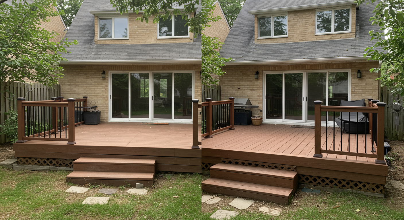 A split image showing a backyard before and after a deck installation. The 'before' side is plain and uninviting, while the 'after' side features a stunning, professionally installed deck.