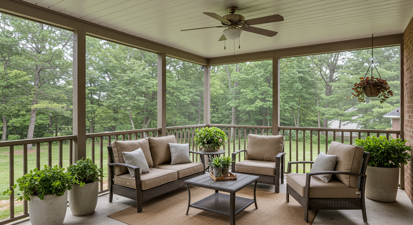 A cozy covered screened patio featuring comfortable outdoor furniture, a stylish ceiling fan, and potted plants. The setting includes a view of a lush garden in Lancaster, PA, creating a serene atmosphere.