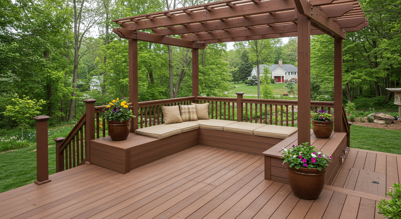 A beautifully designed custom deck in a backyard setting, featuring a mix of wood and composite materials. The deck includes built-in seating, a pergola, and potted plants, with a scenic view of a Lancaster, PA-style landscape in the background.