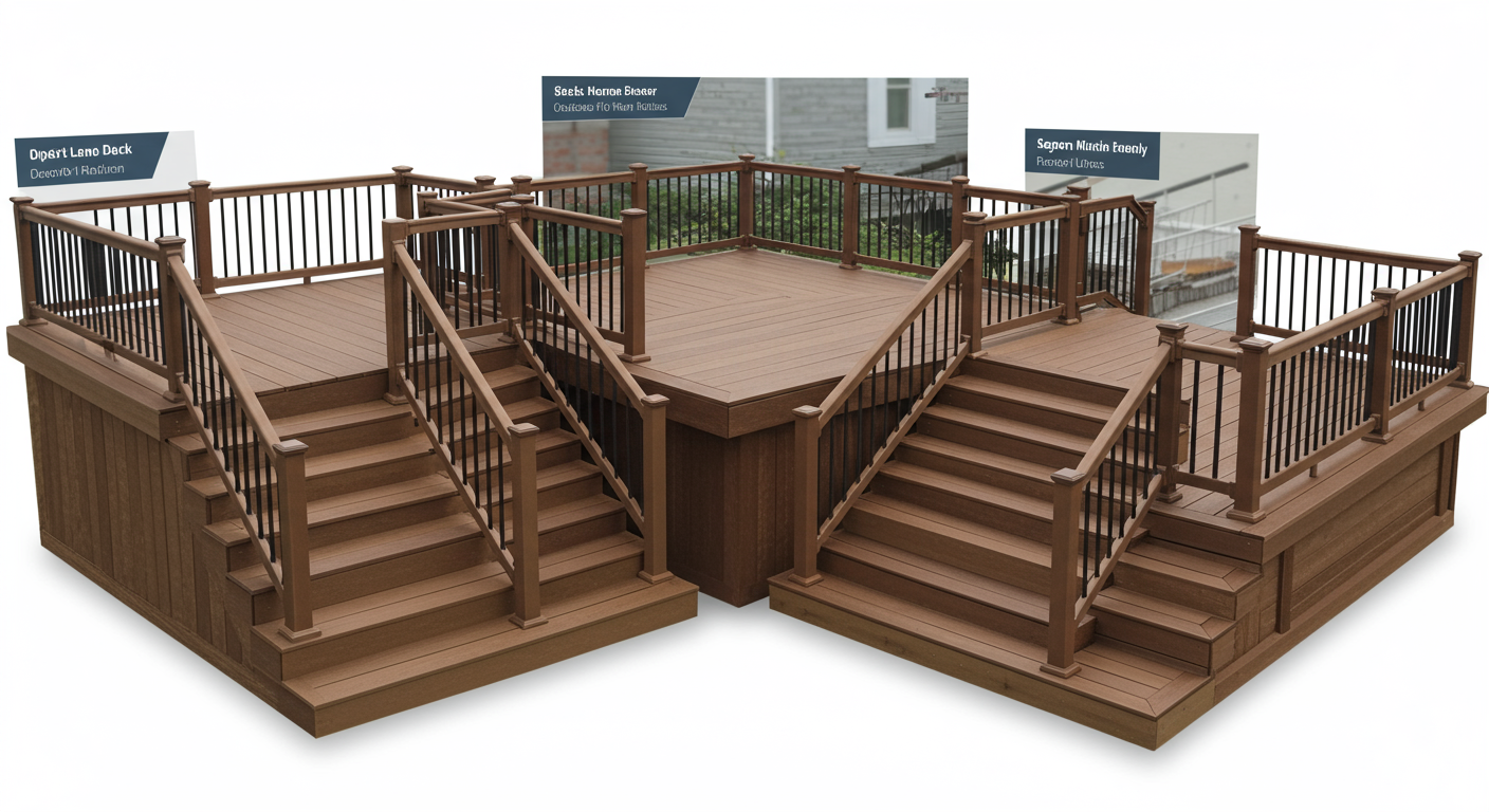 A display of three different deck designs side-by-side, showcasing materials like natural wood, composite, and PVC. Each deck features unique railings, stairs, and accessories, highlighting customization options.