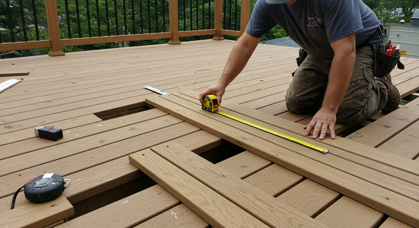 A contractor actively working on a deck installation in Harrisburg, PA. The image captures the precision and craftsmanship involved, with the contractor measuring and aligning deck boards.