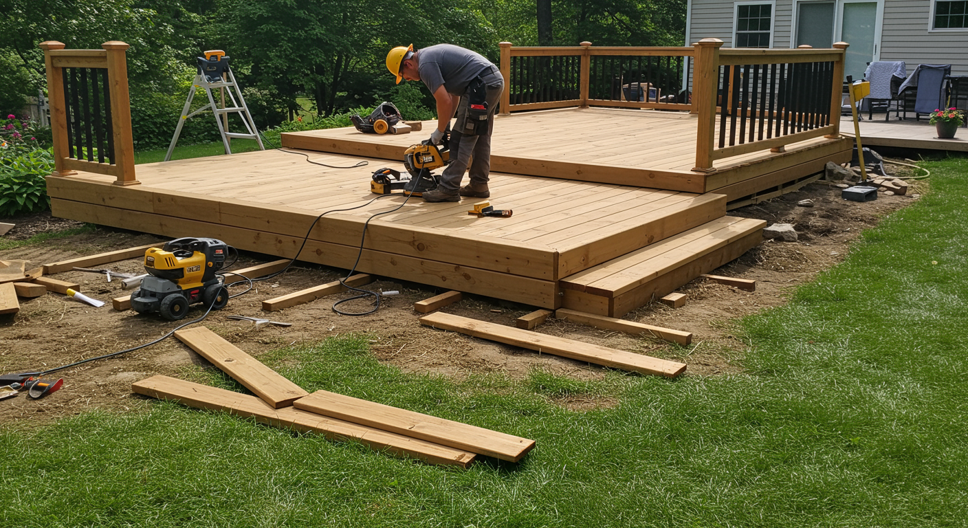 A professional deck installer working on a custom wooden deck in a backyard in Harrisburg, PA. Background elements include a lush green yard with a partially completed deck, tools neatly arranged, and a nearby house showcasing a modern patio.