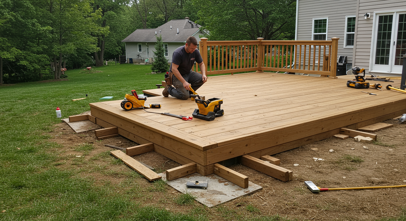 A professional deck installer working on a partially completed wooden deck in a backyard setting in Harrisburg, PA. The image captures the installer using tools, showcasing precision and craftsmanship. The background features a lush green lawn and a modern suburban home.