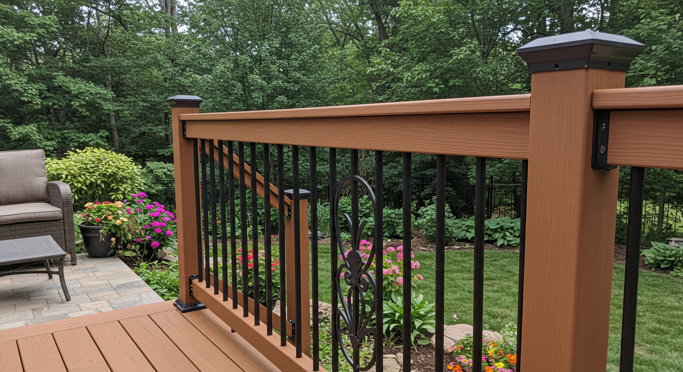 A close-up of a deck railing with intricate designs, overlooking a backyard in Lancaster, PA. The image highlights the craftsmanship and attention to detail in the deck installation.