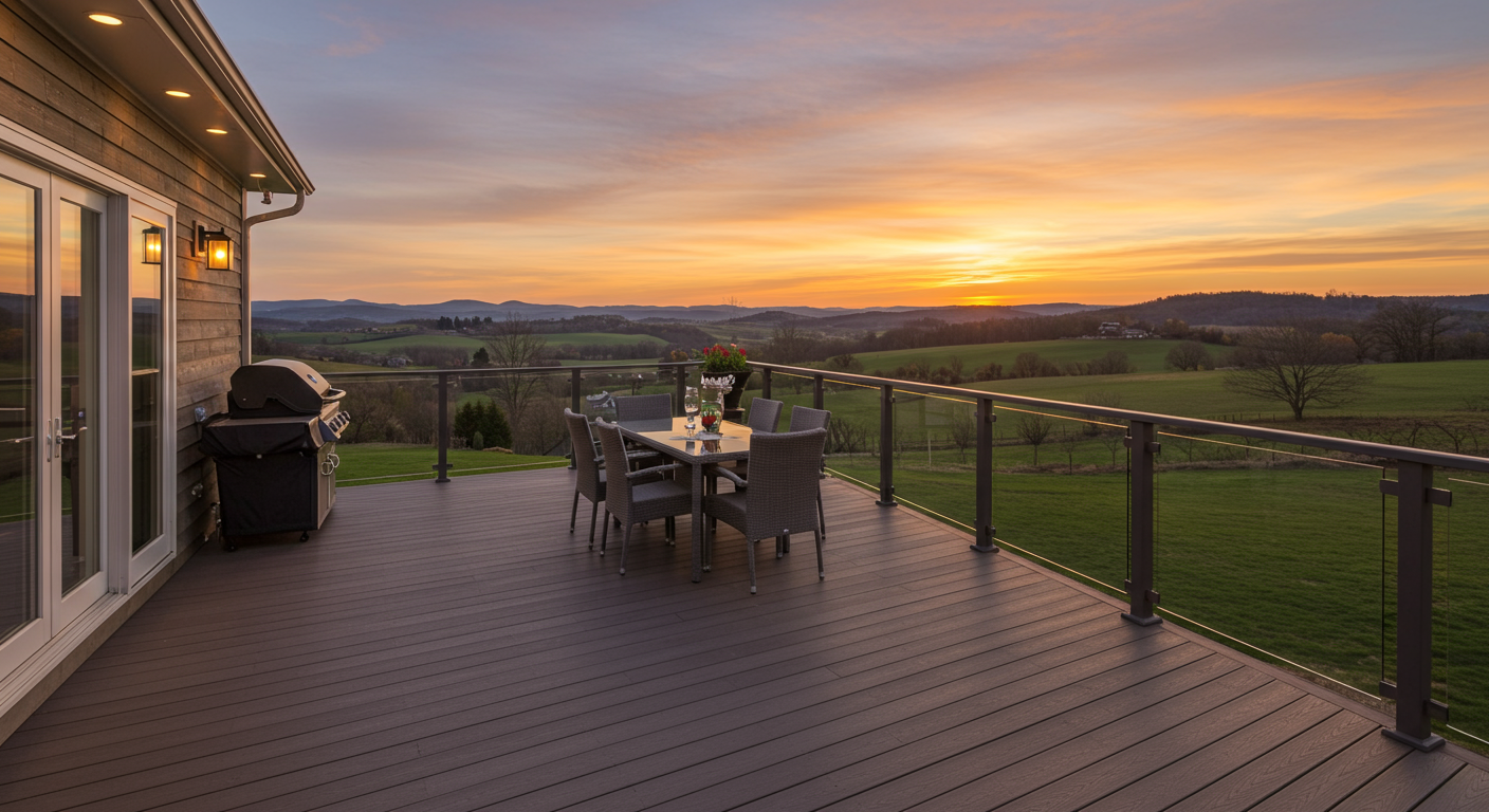 An elevated deck made of composite materials, offering a scenic view of the Lancaster countryside. The deck includes a railing with glass panels, a dining table set, and a grill station. The background features rolling hills and a sunset, creating a picturesque outdoor setting.