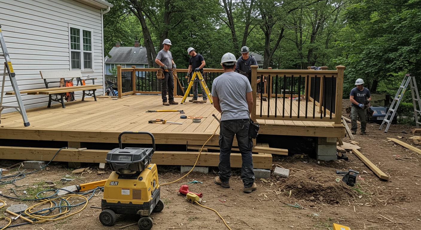 A team of professional deck installers working on a project in a York, PA neighborhood. The image captures the process of building a deck, with tools, materials, and teamwork in action.
