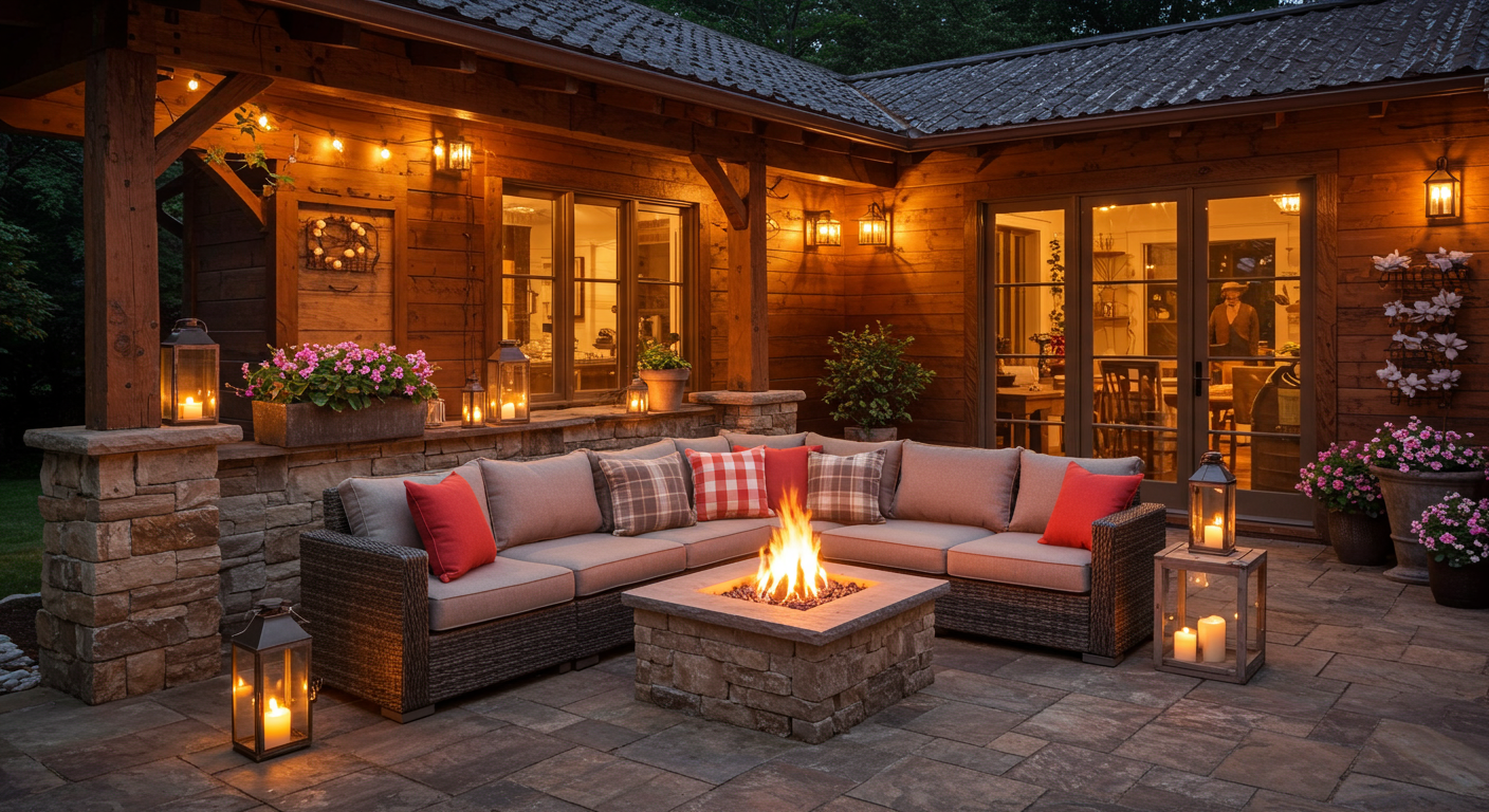 A cozy outdoor patio with a rustic design, complete with a stone fire pit and comfortable seating. Soft lighting and decorative elements create an inviting atmosphere for evening gatherings.