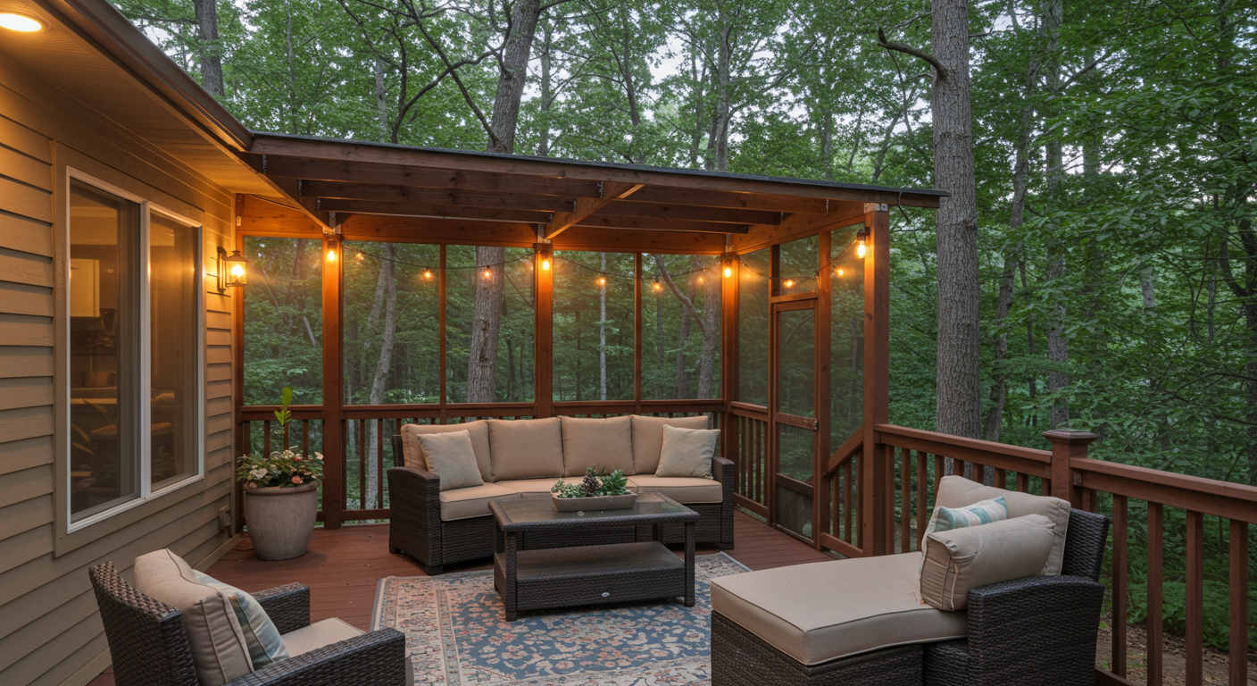A cozy screened-in deck featuring comfortable lounge furniture and decorative lighting. The setting is surrounded by tall trees, providing a sense of privacy and seclusion.