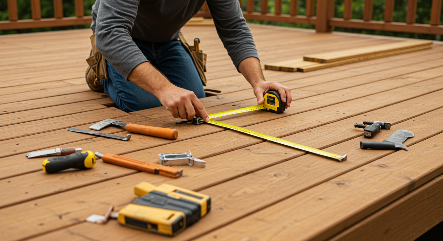 A skilled handyman measuring and cutting wood for a deck, surrounded by tools and materials. The scene captures the essence of craftsmanship and attention to detail in deck building.