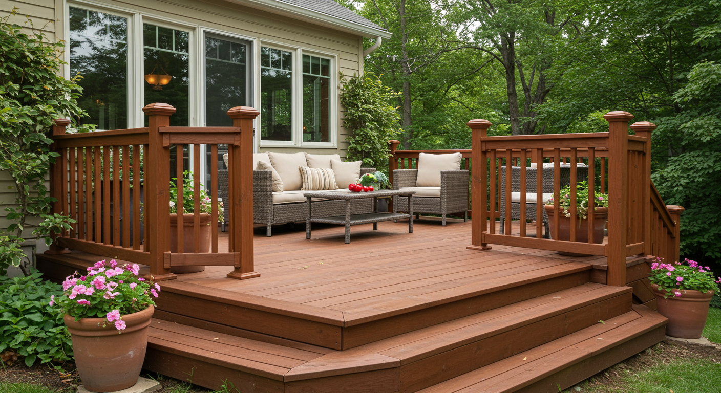 A beautifully designed custom wooden deck with elegant railings, surrounded by lush greenery and potted plants. The deck features comfortable outdoor furniture, inviting viewers to imagine relaxing in this serene space.