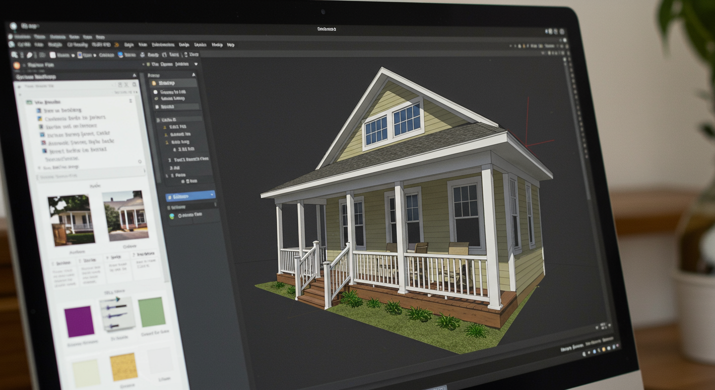 A close-up view of a computer screen displaying a user-friendly digital design tool interface for creating porch designs. The interface shows various design options, color palettes, and a 3D model of a porch being customized.