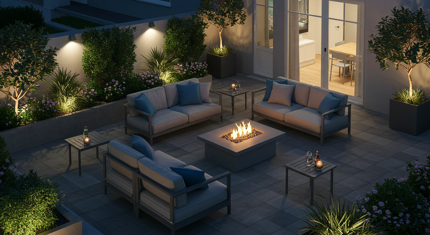 A stylish patio featuring modern outdoor furniture, a fire pit, and decorative plants, inviting relaxation and social gatherings.