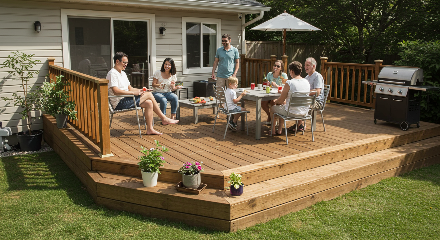 A joyful family gathered on their newly built wooden deck, enjoying a sunny day. They are engaged in activities like grilling, playing games, and relaxing, surrounded by lush greenery and a well-decorated outdoor space.