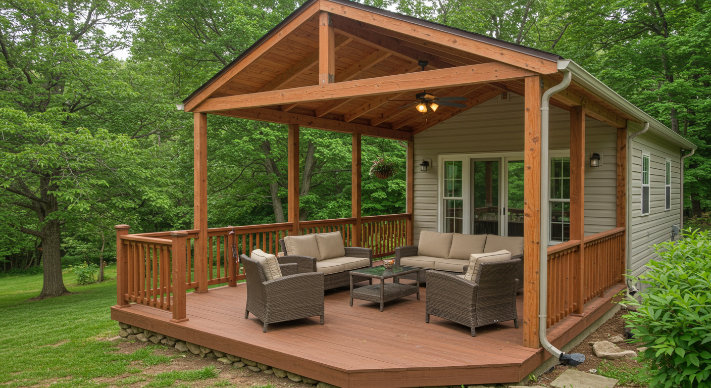 A beautifully designed covered outdoor deck featuring an open gable roof, surrounded by lush greenery typical of Lancaster, PA. The deck is furnished with comfortable seating and an outdoor dining area, inviting relaxation and social gatherings.